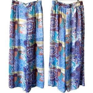 CATO Blue Multicolor Bohemian Wide Leg Flowy Pants Size Large Shorts Lined